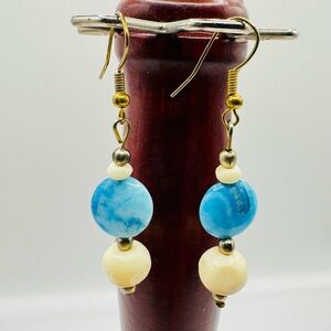 Blue & Cream Agate Stone Dangle Earrings | Natural Beaded Drop Boho Style